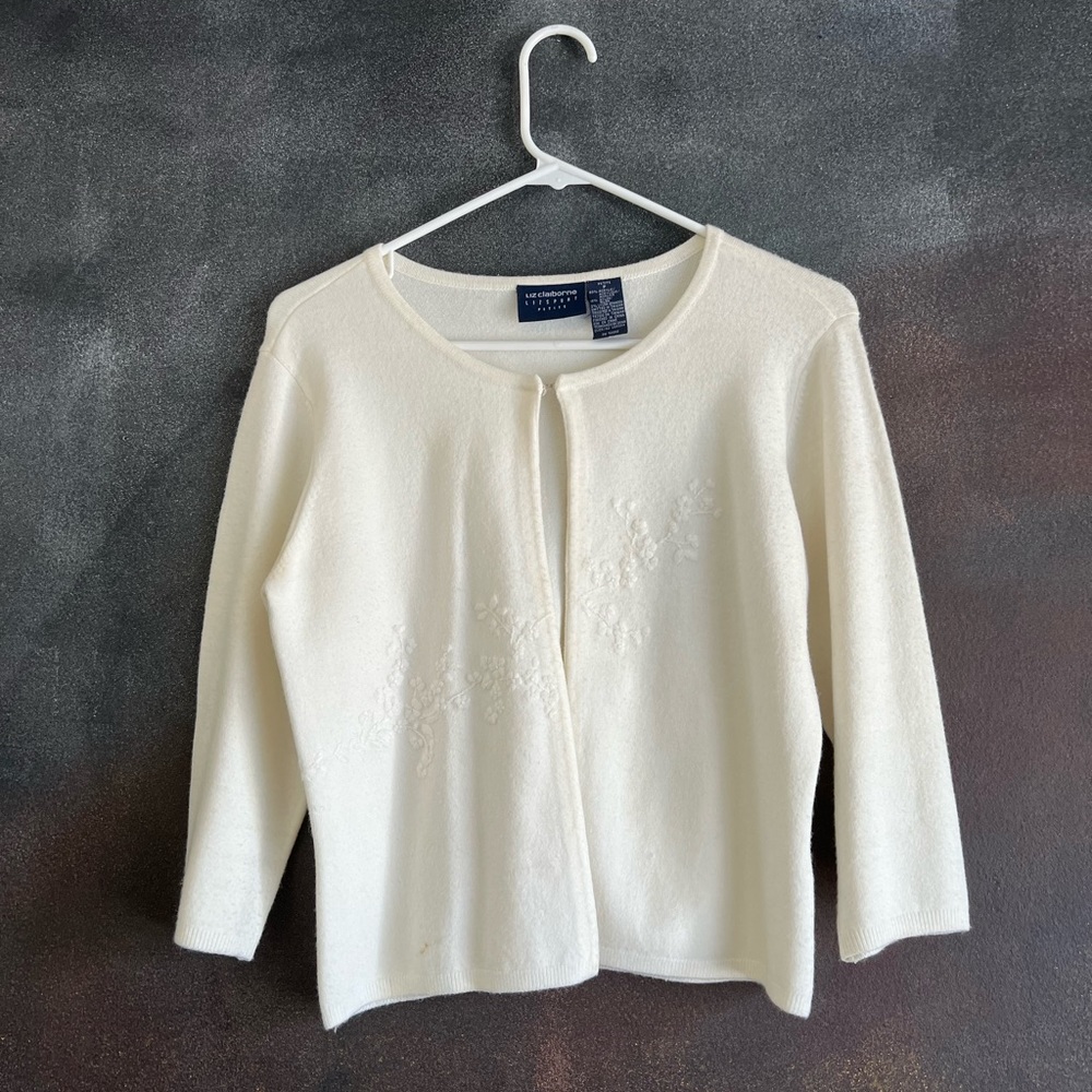 Off White Liz Claiborne Petite Cardigan Sweater w/ Floral Embroidery